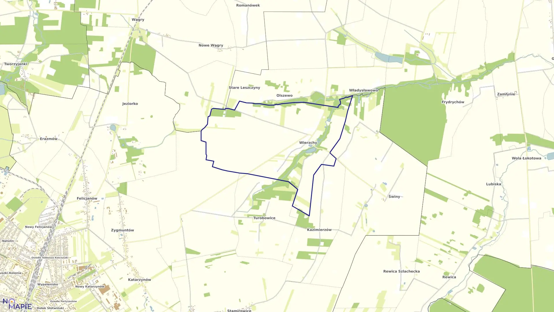 Mapa obrębu WIERZCHY w gminie Koluszki